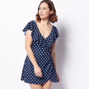 NWOT D‎ & Co beach Surplice Flounce Sleeve Summer Swim Dress Navy Dot Size 22W